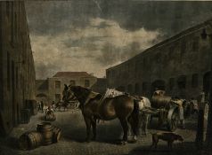 After G Garrard  Coloured engraving  Horse carts being loaded, 48cm x 60cm