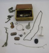 Diamante bracelet, silver-coloured necklaces and other items in brass-bound jewel box