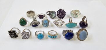 17 various silver and silver-coloured metal stone set rings to include turquoise and amethyst-