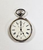 Longines flyback chronograph open faced pocket watch, calibre 19.73 movement, the enamel dial having