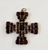 Gold and garnet square cross pendant set with multiple garnet stones, in Maltese-style square