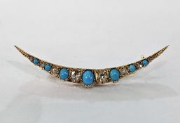 Gold, diamond and turquoise crescent brooch, the seven oval turquoises interspersed by graduated old