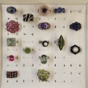 Sixteen modern silver coloured metal and stone set rings, some from Gemporia, in Gemporia box