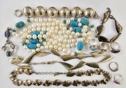 Modern cultured pearl and turquoise bead long necklace, silver coloured metal bracelet, two silver