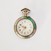 Early 20th century white metal cased lady's fob watch, the case decorated with green guilloche