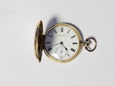 18ct gold full hunter pocket watch by Archibald Haswell, London, the enamel dial with Roman numerals
