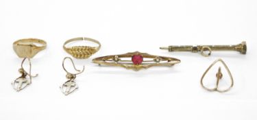 Pair of 9ct gold drop earrings with cross pendants, a 9ct gold ring of textured design, a child's