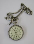 Silver open-faced pocket watch, the enamel dial inscribed 'S Harris, Manchester', with Roman