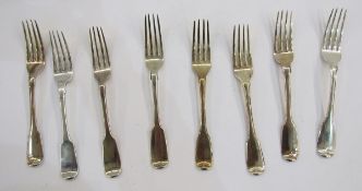 Eight various dessert forks, fiddle pattern and fiddle pattern variant, various dates and makers,