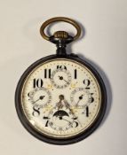 20th century metal cased moonphase Goliath pocket watch, the enamel dial with Arabic numerals