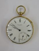 Swiss gold open-faced pocket watch by Racine Geneve, the enamel dial with Roman numerals and