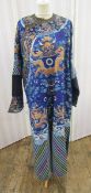 Chinese silk 'dragon' robe - embroidered in gold couched and multicoloured threads in satin stitch
