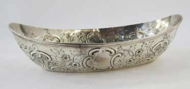 Victorian silver bowl, London 1896, Edward Barnard & Sons, of boat form, the sides with embossed
