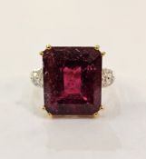18ct gold, pink stone and diamond dress ring set rectangular cut raised claw stone, small diamonds