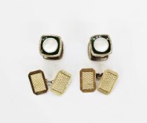 Pair of 9ct gold cufflinks of rectangular form with engine turned decoration and chain links, approx