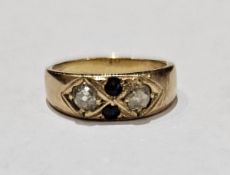 Gold coloured metal diamond and sapphire ring, set old cut stones within lozenge setting, size H