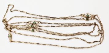 Early 20th century gold guard chain, alternating curb links and elongated links and fancy