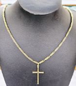 Gold chain with fancy elongated belcher links, marked 585, and a gold cross pendant marked 585,