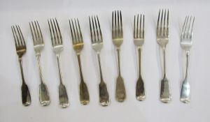 Nine silver dessert forks, 19th century and later, various patterns, dates and makers, 13ozt approx.