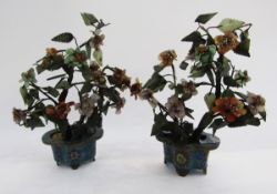 Pair of Chinese hardstone and jade bonsai trees, Qing Dynasty, in cloisonne enamel quatrefoil