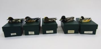 Val Bennett (1923-2013) five handpainted bronze model ducks, European Wigeon, Carolina Drake,