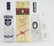 Smirnoff triple distilled no 57 blue labelled vodka, duty free bottling, 1L, 45% vol, together