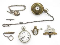 Silver curb link watch chain with 'T' bar and shield shape fob, a small silver cased penknife with