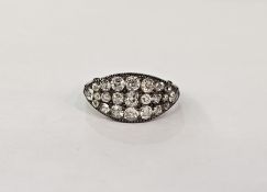 Gold-coloured metal and diamond ring, the curved elliptical top allover pave set with old cut