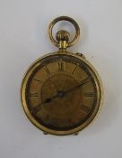 Lady's gold open-faced fob watch, the engine turned dial with Roman numbers, the case with