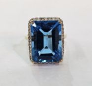 9ct gold, bluestone and small diamond dress ring set large turquoise coloured rectangular gemstone