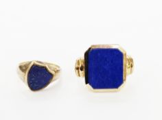 Gold coloured signet ring set with shield shape lapis lazuli, unmarked, 5gms approx, size J 1/2, and