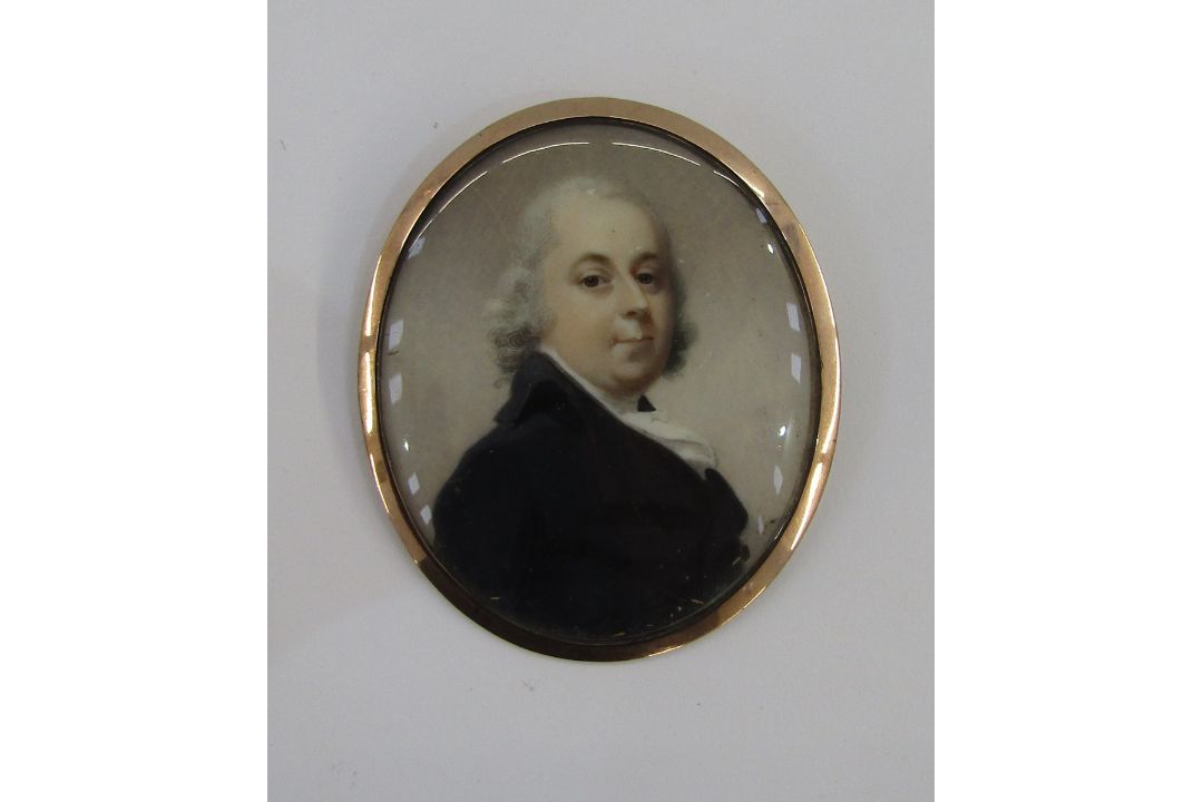 Georgian portrait miniature of a gentleman in a black coat and ivory cravat, oval on ivory, in - Image 1 of 2