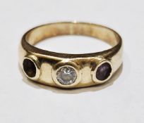 Gold coloured metal, diamond and pink stone ring, set single diamond and single pink stone (and