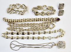 Modern silver-coloured metal large belcher link bracelet with amethyst stone set padlock clasp, a