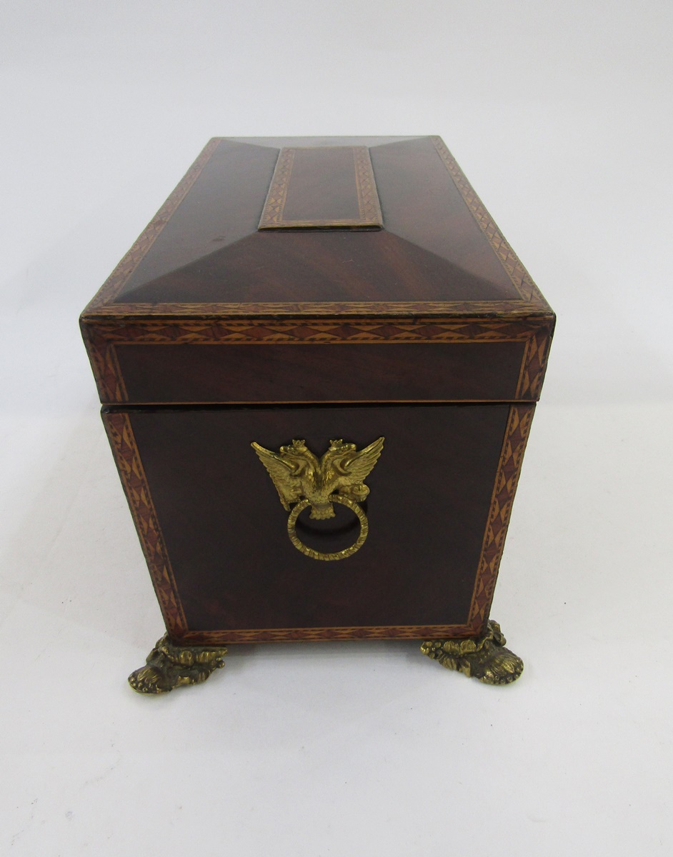 Regency inlaid mahogany tea caddy, sarcophagus shaped, with lozenge inlaid borders, gilt metal - Image 5 of 6