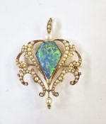 Edwardian gold pendant brooch, the central lozenge-shaped opal (possibly a doublet) within a