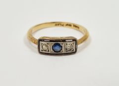18ct yellow gold and platinum ring set with central sapphire and two diamonds in the Art Deco style,