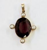 Gold, garnet and pearl pendant, the oval garnet surrounded by four pearls