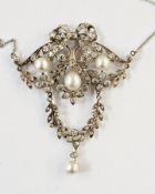 Mid-Victorian diamond and pearl pendant and necklace, the pendant set three natural pearls on