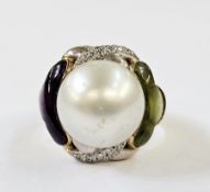 18ct gold, pearl, diamond, purple and green stone dress ring, the centre with large pearl flanked by