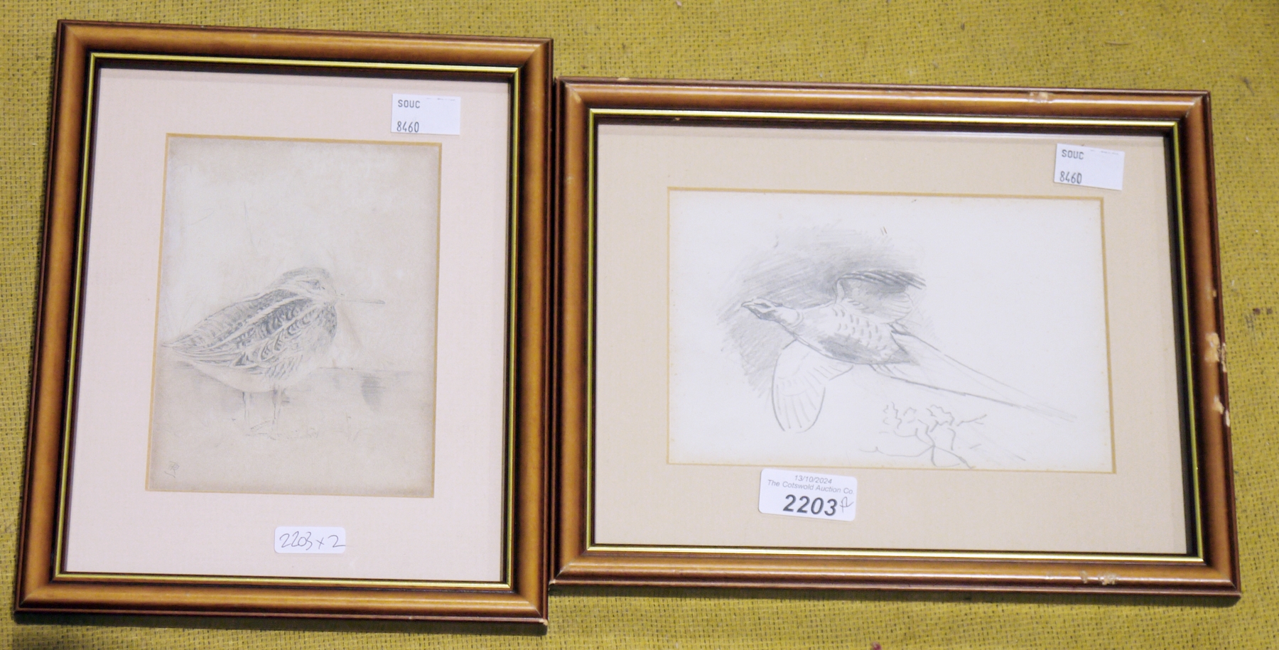 Small pencil drawing of a pheasant in flight, 16.5cm x 11.5cm, together with another pencil