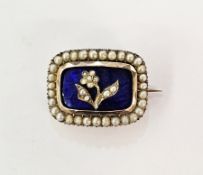 Victorian gold-coloured metal, blue enamel and seedpearl lace brooch