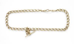 15ct gold watch chain, oval curb-type link with swivel bolt ends and T-bar, 65g total approx.