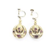 Pair Victorian gold-coloured metal and almandine garnet-coloured stone earrings, each pendant drop