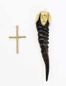 9ct gold cross pendant of rope twist design, approx 0.9g, and a dik dik horn with gilt metal pendant