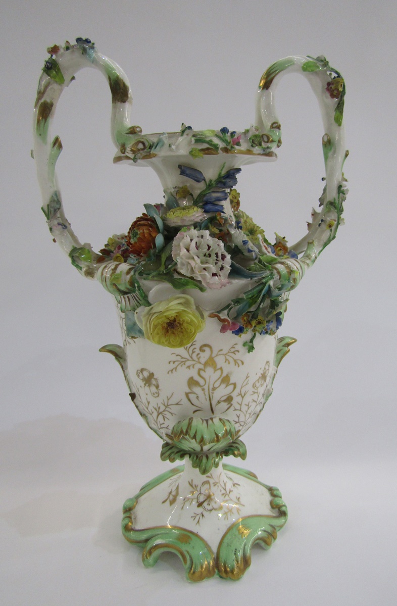 Pair of English porcelain Coalbrookdale two-handled rocaille flower-encrusted vases, circa 1835, - Image 3 of 4