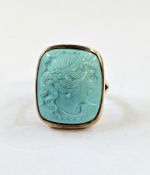 Gold-coloured metal and turquoise cameo ring, the turquoise-coloured stone carved with maiden’s