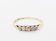 Gold graduated five-stone diamond ring set with old cut diamonds, marked 18ct PLAT, finger size R
