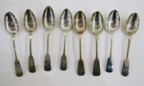 Eight silver dessert spoons, principally 19th century, fiddle pattern, various dates and makers,