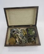 Quantity costume jewellery to include brooches, marcasite and others in inlaid wooden box